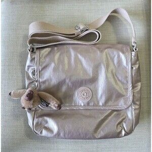 Kipling Metallic Rose Gold Nylon Flap Crossbody Bag with Ollie Monkey Charm